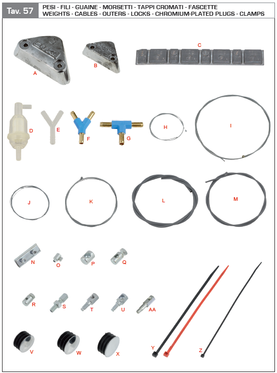 Weights, Cables, Outers, Locks, Chromium Plated Plugs, Clamps